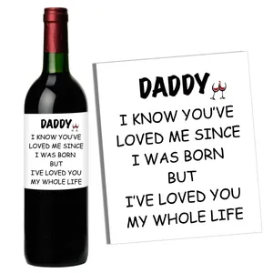 Detail of adhesive wine bottle labels with sentimental quotes for Father's Day gifts