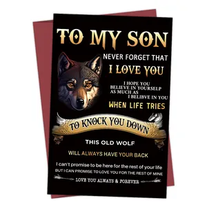 Wolf theme greeting card for son with red envelope and inspirational black and gold design