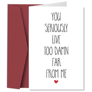 Detailed view of funny birthday card with text You Seriously Live Too Damn Far and red envelope