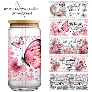 Adesivi per Tazze UV DTF con Farfalle e Fiori per Bicchieri da 16 once Decalcomania in PVC Impermeabile Citazioni Ispiratrici Rosa Decorazione DIY