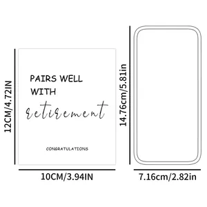 Detailed dimensions of a retirement wine bottle label sticker 12x10cm for party decor