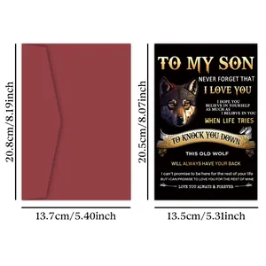 Detailed view of wolf theme son birthday card and red envelope with exact dimensions