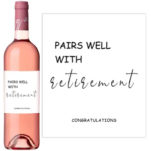 Detail of retirement party wine bottle label featuring congratulations text design