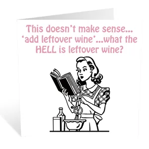 Funny square birthday card with retro illustration and humorous wine-themed quote