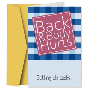 Lustige Geburtstagskarte mit Back Body Hurts Text und gelbem Umschlag im Set