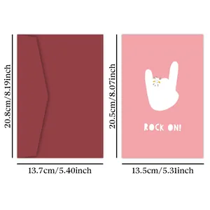 Funny pink birthday card with Rock On gesture, red envelope, and size dimensions