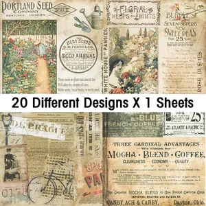 Detail showing 20 vintage scrapbooking papers with floral and old newspaper designs
