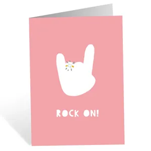 Pink funny birthday greeting card with white rock on hand sign and envelope