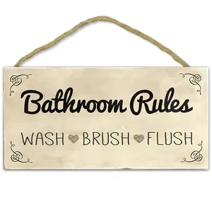 Rustiek houten bord badkamerregels met wash brush flush humor wanddecoratie