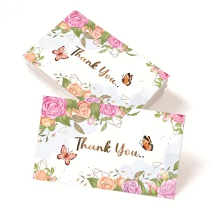 Floral thank you cards with pink roses and gold geometric lines on white cardstock