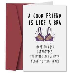 Detail view of funny bra theme friendship greeting card with matching dark red envelope