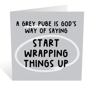 Detailed view of square funny birthday card with dark grey finish and witty quote