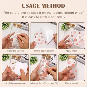 Six-step tutorial showing how to apply floral UV transfer stickers to a glass jar