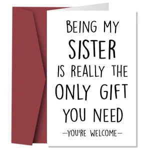 Funny sister birthday card with envelope featuring humorous quote on minimalist white paper