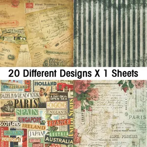 Detail of 20 vintage scrapbooking papers featuring floral, newsprint, and travel patterns