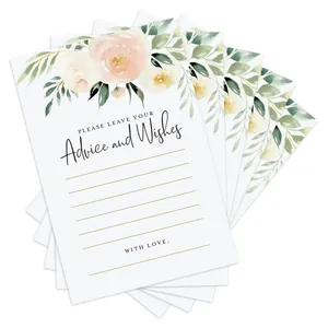 Detailed view of floral advice and wishes cards for wedding guest tables with writing lines
