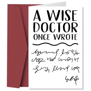 Funny birthday card with burgundy envelope featuring doctor's messy signature joke