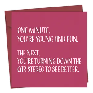 Funny birthday greeting card with envelope featuring humorous text on pink background