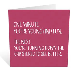 Square pink birthday card with funny English quote and white envelope detail