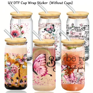 Adesivi UV DTF con fiori e farfalle per bicchieri in vetro da 16oz set da 6 pezzi