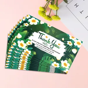 Macro view of floral pattern Thank You cards with elegant tropical leaves and white flowers