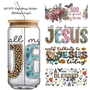 Adesivi per Tazze UV DTF per Libbey Glasses Impermeabili Religiosi Citazioni di Gesù Dio Motivo Floreale Leopardato Trasferimento