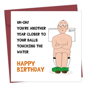 Funny birthday card with a man on a toilet illustration and matching red envelope