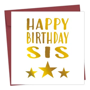 Detail of white birthday card with gold HAPPY BIRTHDAY SIS text and red envelope