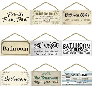 Grappig Houten Bord Badkamer Regels Met Hennep Touw Amerikaanse Stijl Vintage Humor Citaten Wanddecoratie Bord