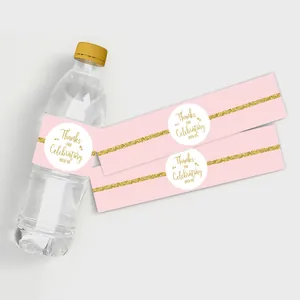 Etichette per bottiglie d'acqua rosa e oro con testo di ringraziamento per matrimoni
