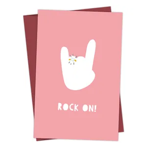 Funny pink birthday card featuring a white rock on hand gesture and burgundy envelope