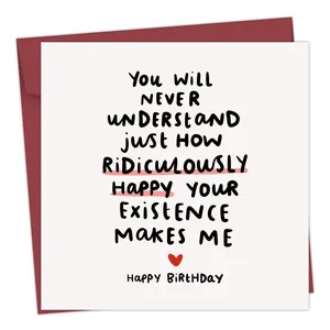 Funny square birthday card with handwritten text and a burgundy envelope set