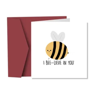 Funny square bee greeting card with red envelope and I BEE-LIEVE IN YOU pun illustration