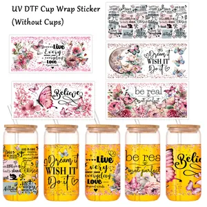 Set di 5 adesivi UV DTF con fiori e farfalle per decorazione di bicchieri in vetro