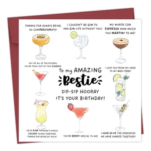 Detail of funny birthday card with nine cocktail illustrations and matching red envelope