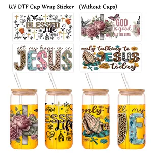 Adesivi UV DTF con motivi religiosi di Gesù e fiori per tazze e bicchieri da 16oz