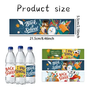 Maßangaben für Schulanfang-Wasserflaschenaufkleber mit bunten Schulmotiven und Illustrationen