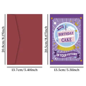 Detailed size view of a purple birthday cake card with a dark red envelope and dimensions