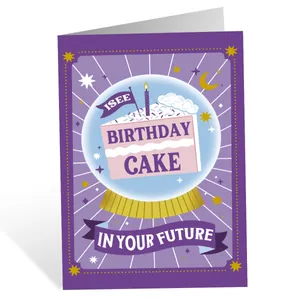 Detailed view of a purple birthday card with a crystal ball and birthday cake illustration
