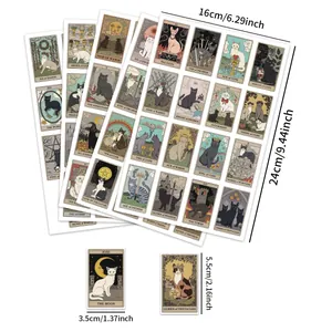 Detailed size chart for 50pcs waterproof cat tarot graffiti stickers in vintage style