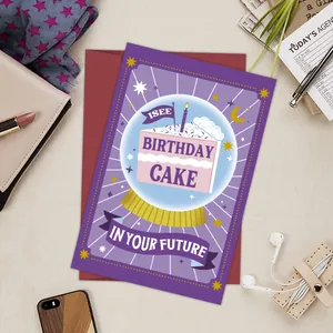 Funny birthday card with a crystal ball illustration and a matching red envelope