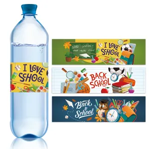 Wasserfeste Back to School Wasserflaschen-Etiketten mit bunten Schreibwaren und Eulen-Motiven