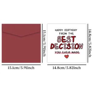 Detail view of 14.8cm square birthday card with red envelope and minimalist design
