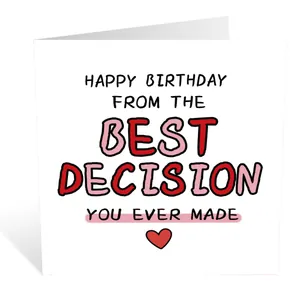 Close-up of minimalist folded anniversary card with humorous English typography and heart