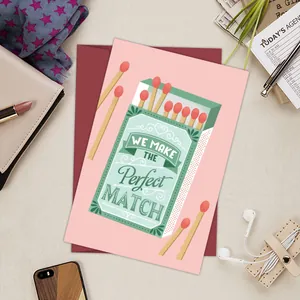 Funny pink birthday card with 'Perfect Match' matchbox design and a red envelope