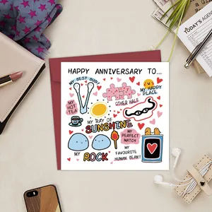 Funny anniversary greeting card with pun illustrations and a deep red envelope