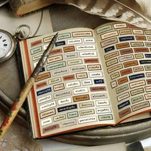 Vintage Small Talk stickers on notebook page with antique pocket watch and pen