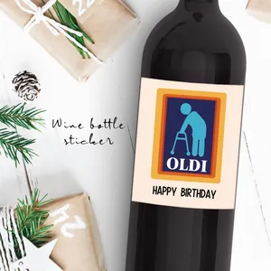 Funny OLDI wine bottle label sticker applied on a bottle for birthday party decoration