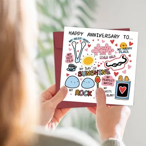 Funny anniversary greeting card with cute cartoon illustrations and dark red envelope