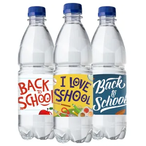 Drei bunte Schulanfang Aufkleber für Wasserflaschen mit Apfel und Bleistift Schulmotiven